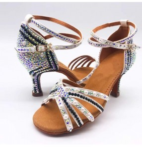 Women's latin dance shoes Soft Soles AB white black rhinestonres salsa waltz tango performance bline sandals 